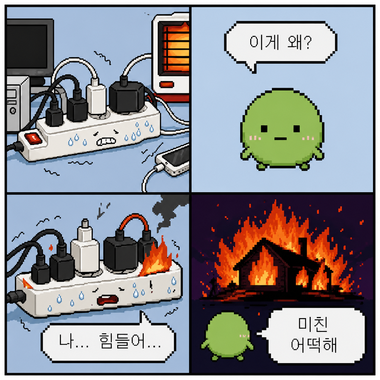 멀티탭에 여러 전자기기가 연결된 집에서 불꽃이 튀고, 집이 불타는 모습을 보여주는 주택화재보험 4컷 만화