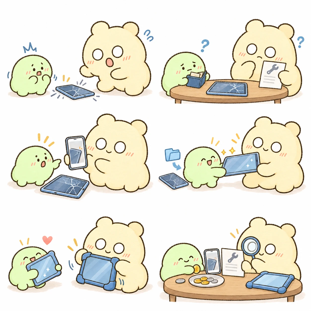 작은 연두색 만낭이가 바닥에 떨어진 태블릿을 보고 당황하고 큰 크림색 낭만이가 놀란다.