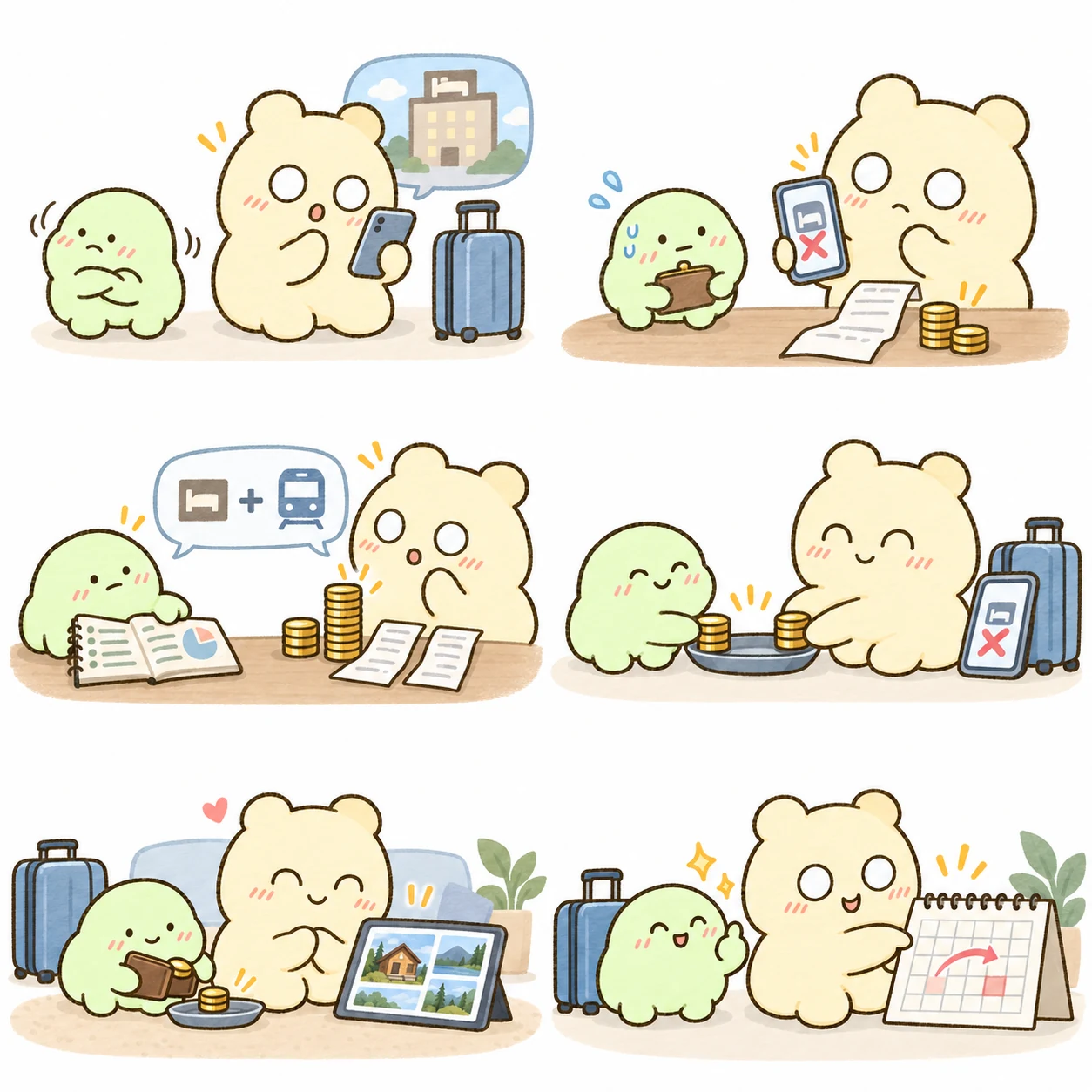 작은 연두색 만낭이가 팔을 모으고 고개를 젓는 옆에서 큰 크림색 낭만이는 휴대폰을 들고 여행 가방을 세워 둔다.